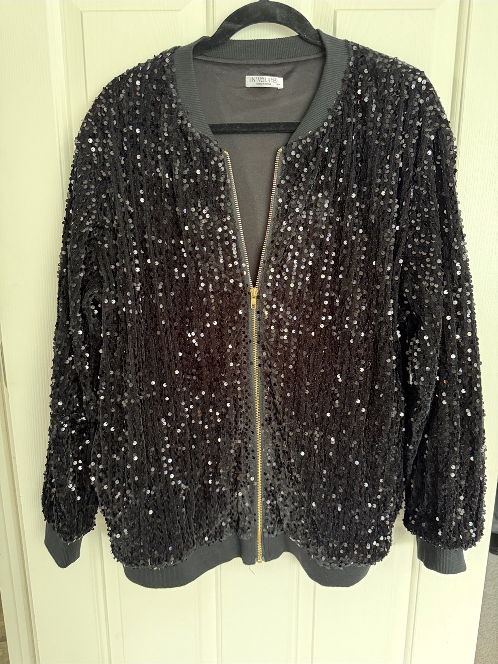 In’Volund Black Sequin Bomber Jacket with Gold Zip
